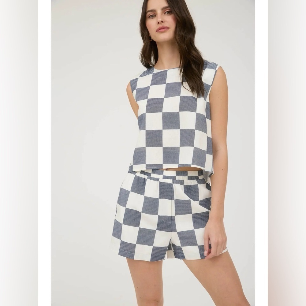 202 - Blue and White Linen Checkered Sleeveless Top and Shorts Set